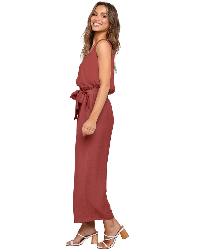 FANCYINN Womens 2 Piece Crop Pants Set V Neck Tank Wide Strap Tops High Waisted Cropped Paper Bag Pants with Belt Brownish Red Top & Wide Leg Pants S - Image 5