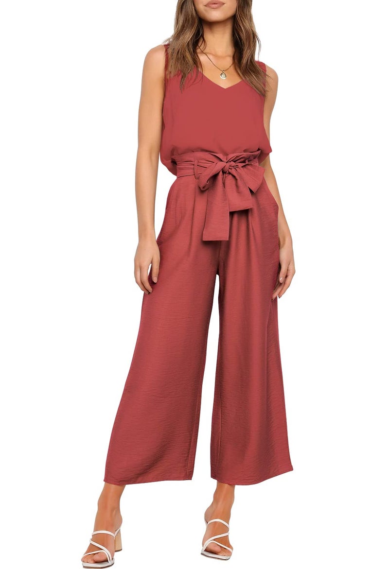 FANCYINN Womens 2 Piece Crop Pants Set V Neck Tank Wide Strap Tops High Waisted Cropped Paper Bag Pants with Belt Brownish Red Top & Wide Leg Pants S - Image 1