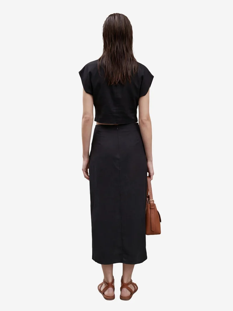 My Fashion Black MY FASHION Linen Blend Crop Blouse & Accessory Detailed Midi Skirt Two-Piece Set for Women | Best Price UAE