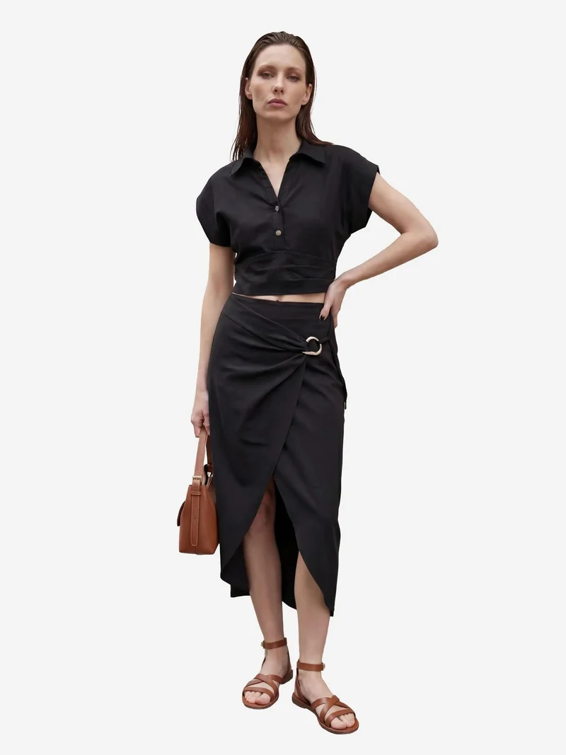 My Fashion Black MY FASHION Linen Blend Crop Blouse & Accessory Detailed Midi Skirt Two-Piece Set for Women | Best Price UAE