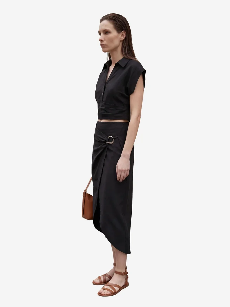 My Fashion Black MY FASHION Linen Blend Crop Blouse & Accessory Detailed Midi Skirt Two-Piece Set for Women | Best Price UAE