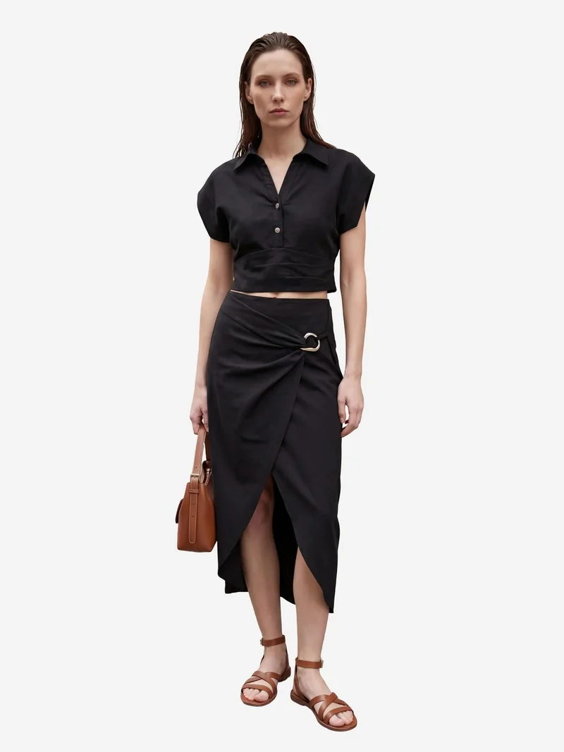 MY FASHION Linen Blend Crop Blouse & Accessory Detailed Midi Skirt Two-Piece Set