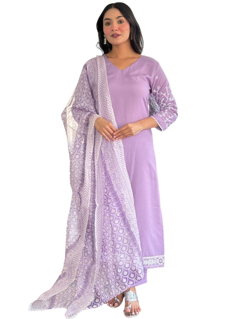 Naixa Women's Rayon Embroidered Straight Kurta with Pant and Dupatta Sets (NX2-718-Lavender-S) - Image 1
