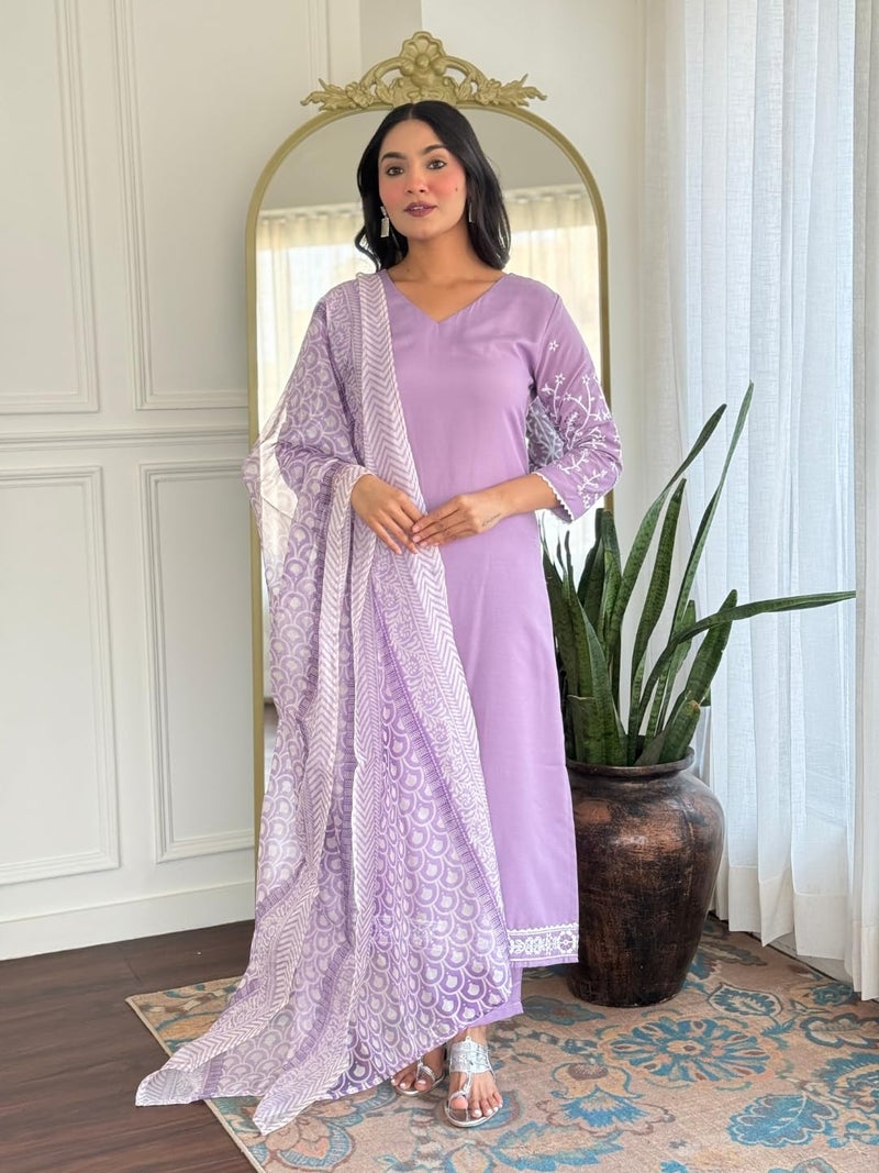 Naixa Women's Rayon Embroidered Straight Kurta with Pant and Dupatta Sets (NX2-718-Lavender-S) - Image 2