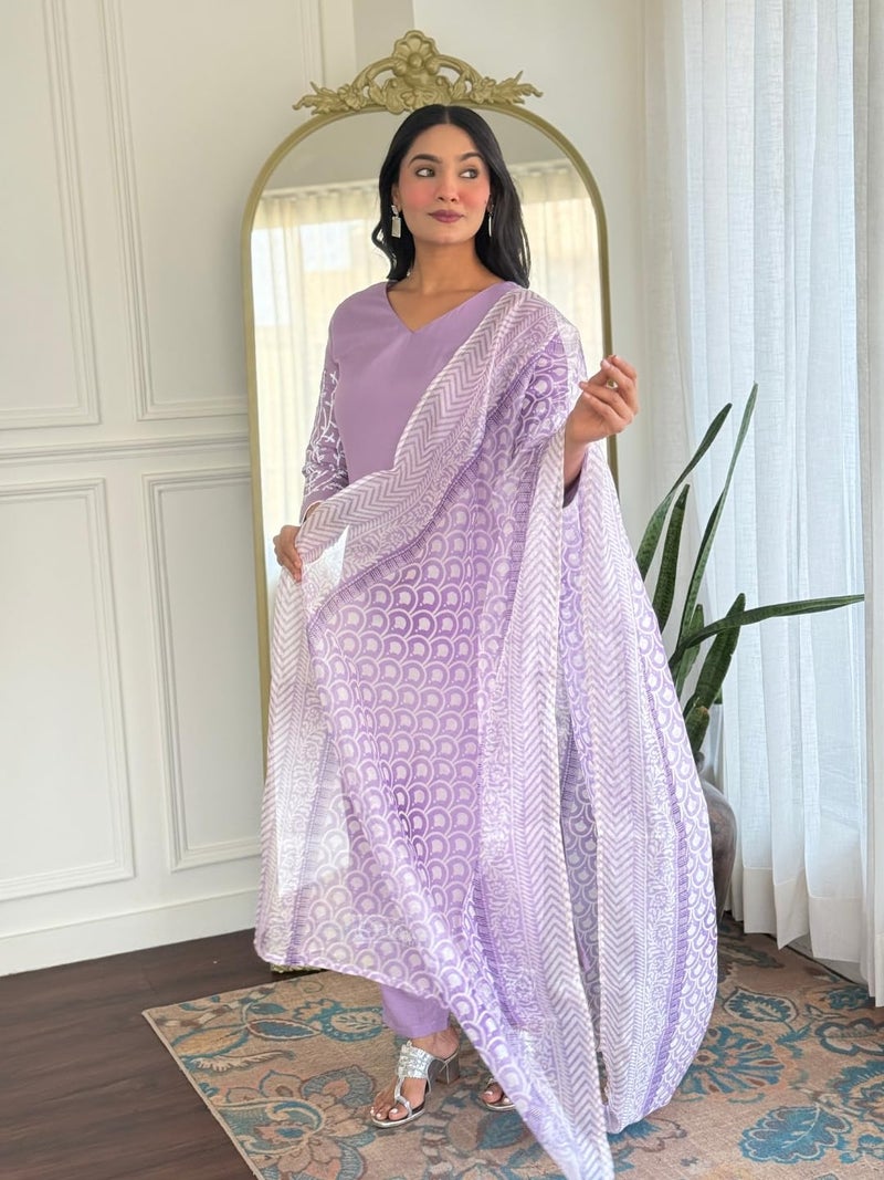 Naixa Women's Rayon Embroidered Straight Kurta with Pant and Dupatta Sets (NX2-718-Lavender-S) - Image 3