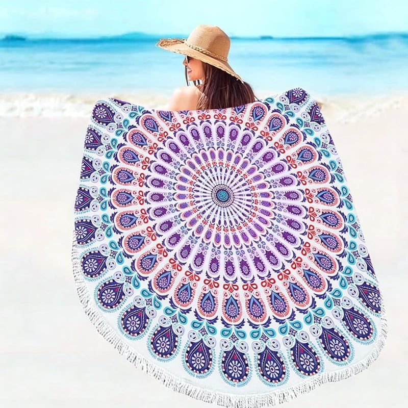Violet Mist Round Beach Towel Blanket Tapestry Microfiber Roundie Terry Beach Throw Soft Multipurpose Table Cloth Wall Hanging Bed Cover for Women Home Traveling - Image 1
