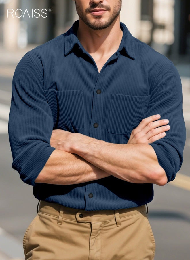 رويس سترة كارديجان رجالي كاجوال ضيقة بلون سادة وأزرار وأكمام طويلة مناسبة للربيع والخريف، قميص عمل مع جيب وياقة، مناسب للارتداء اليومي في المكتب، لون أزرق داكن - Image 1