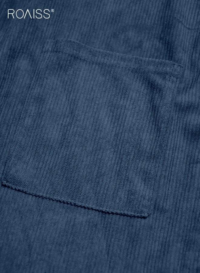 رويس سترة كارديجان رجالي كاجوال ضيقة بلون سادة وأزرار وأكمام طويلة مناسبة للربيع والخريف، قميص عمل مع جيب وياقة، مناسب للارتداء اليومي في المكتب، لون أزرق داكن - Image 4