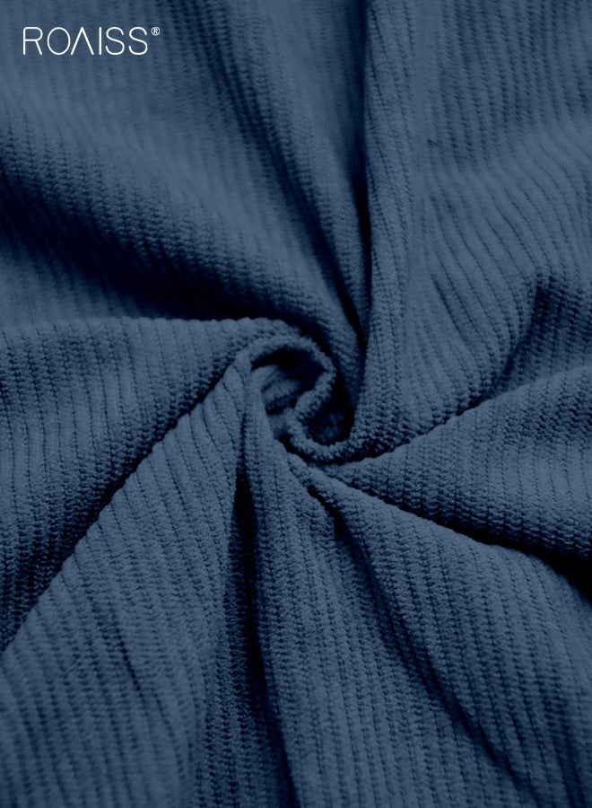 رويس سترة كارديجان رجالي كاجوال ضيقة بلون سادة وأزرار وأكمام طويلة مناسبة للربيع والخريف، قميص عمل مع جيب وياقة، مناسب للارتداء اليومي في المكتب، لون أزرق داكن - Image 5