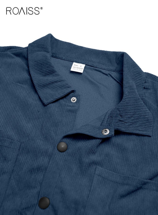 رويس سترة كارديجان رجالي كاجوال ضيقة بلون سادة وأزرار وأكمام طويلة مناسبة للربيع والخريف، قميص عمل مع جيب وياقة، مناسب للارتداء اليومي في المكتب، لون أزرق داكن - Image 2