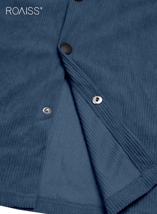 رويس سترة كارديجان رجالي كاجوال ضيقة بلون سادة وأزرار وأكمام طويلة مناسبة للربيع والخريف، قميص عمل مع جيب وياقة، مناسب للارتداء اليومي في المكتب، لون أزرق داكن - Image 3