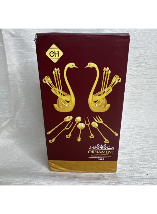 طقم حامل ملاعق قهوة مزخرف بقاعدة على شكل بجعة - طلاء ذهبي