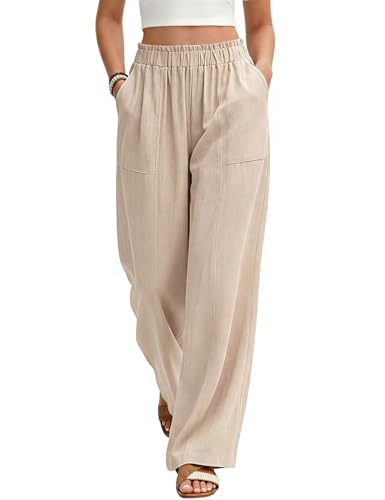 Uikue Womens Khaki Linen Pants - Summer Flowy Wide Leg Palazzo Pants Elastic Waist Casual Trousers Beach Outfits for Vacation Travel(Khaki,M) - Image 1
