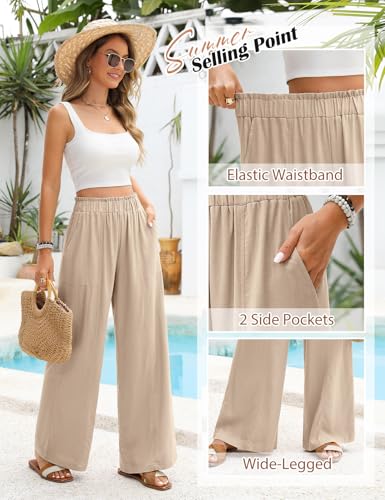 Uikue Womens Khaki Linen Pants - Summer Flowy Wide Leg Palazzo Pants Elastic Waist Casual Trousers Beach Outfits for Vacation Travel(Khaki,M) - Image 4