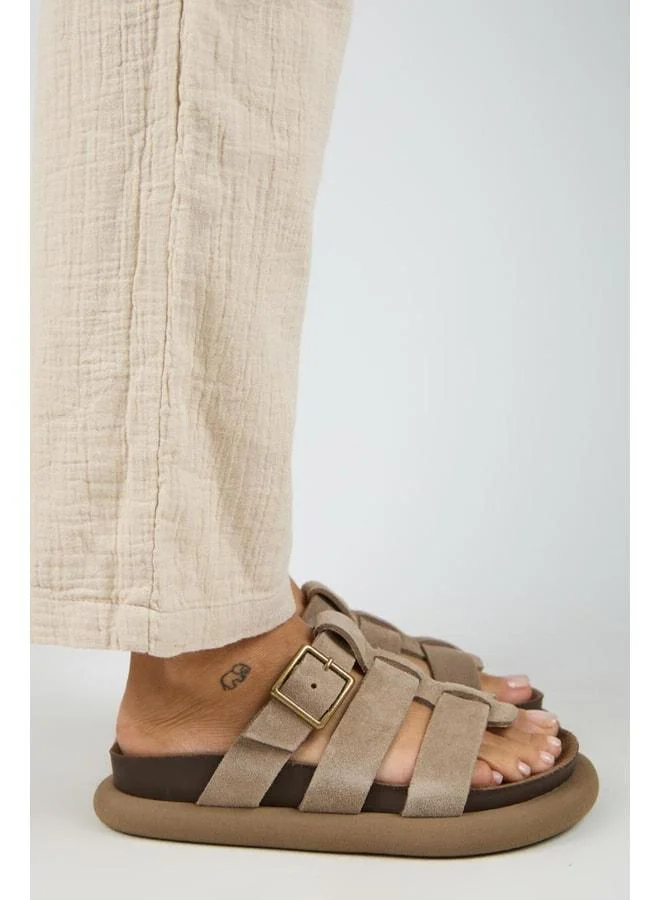 Manijero  (Hicks) Women's Genuine Leather Buckle Strap Beige Slipper for Women | Best Price UAE