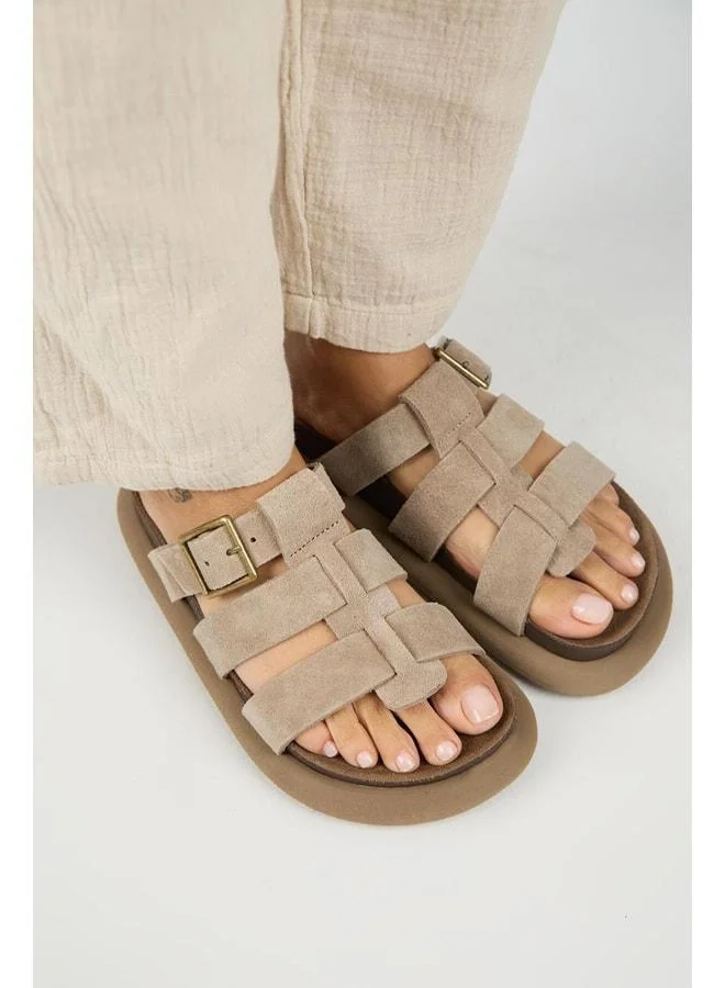 Manijero  (Hicks) Women's Genuine Leather Buckle Strap Beige Slipper for Women | Best Price UAE