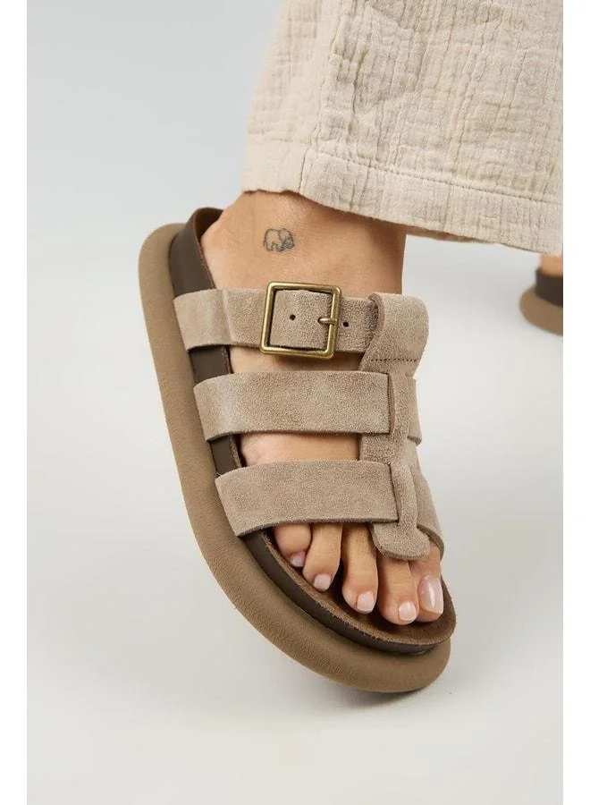 (Hicks) Women's Genuine Leather Buckle Strap Beige Slipper