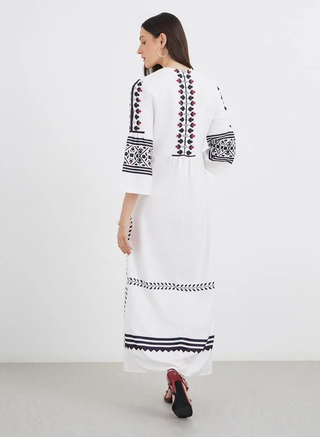 Styli Styli Border Print 3/4 Sleeves A-Line Maxi Dress