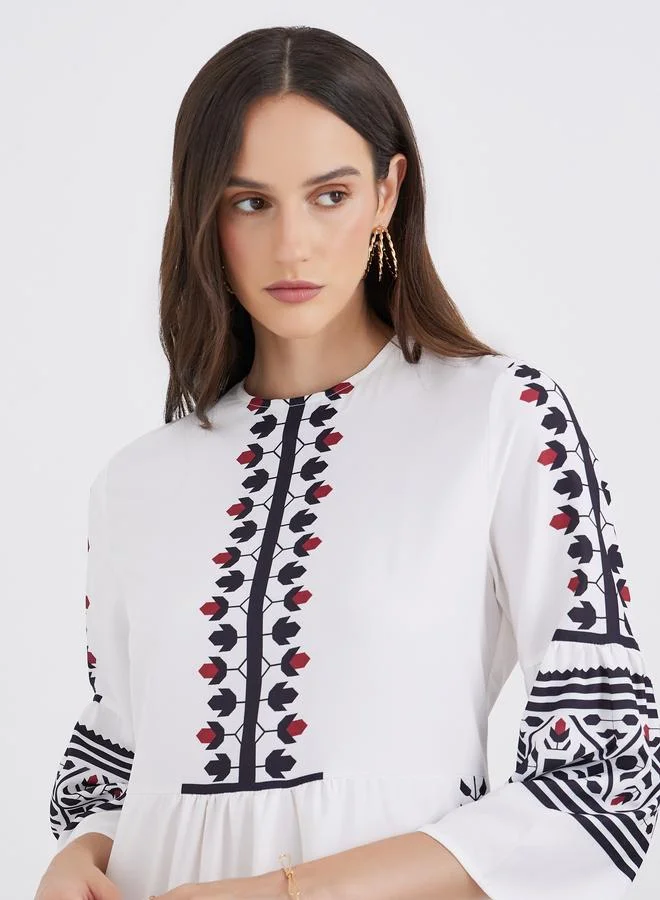 Styli Styli Border Print 3/4 Sleeves A-Line Maxi Dress
