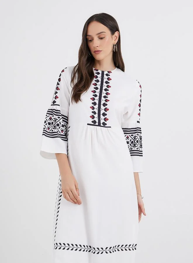 Styli Styli Border Print 3/4 Sleeves A-Line Maxi Dress