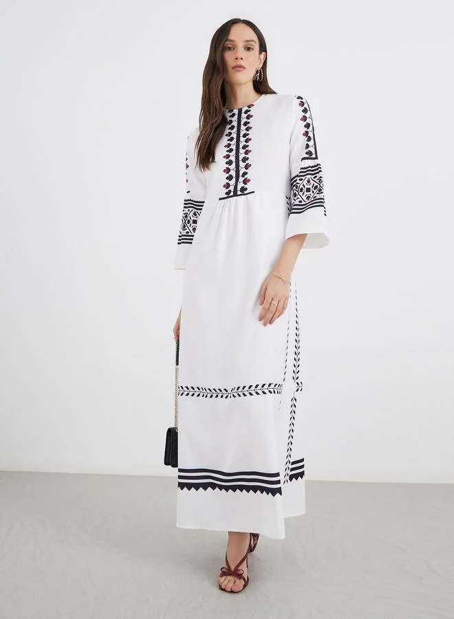 ستايلي Styli Border Print 3/4 Sleeves A-Line Maxi Dress