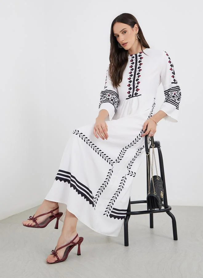 ستايلي Styli Border Print 3/4 Sleeves A-Line Maxi Dress