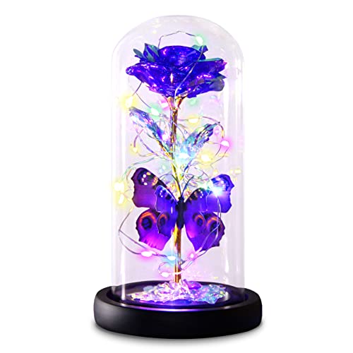 Greenke Mothers Day Rose Gifts for Mom, Galaxy Purple Butterfly Rose in Glass Dome, Light Up Forever Roses Birthday Gifts for Women Mom Grandma, Eternal Rose Gift for Her Valentine Mothers Anniversary - Image 1