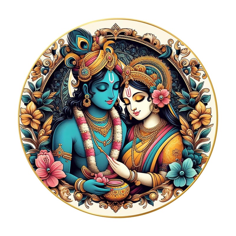 Nozvera Modern Radha Krishna Wall Painting with Frame Sparkle Glossy Round Golden Framed Large Painting for Office Living Room Bedroom Home Wall Decoration Design 03 40 CM 40 CM