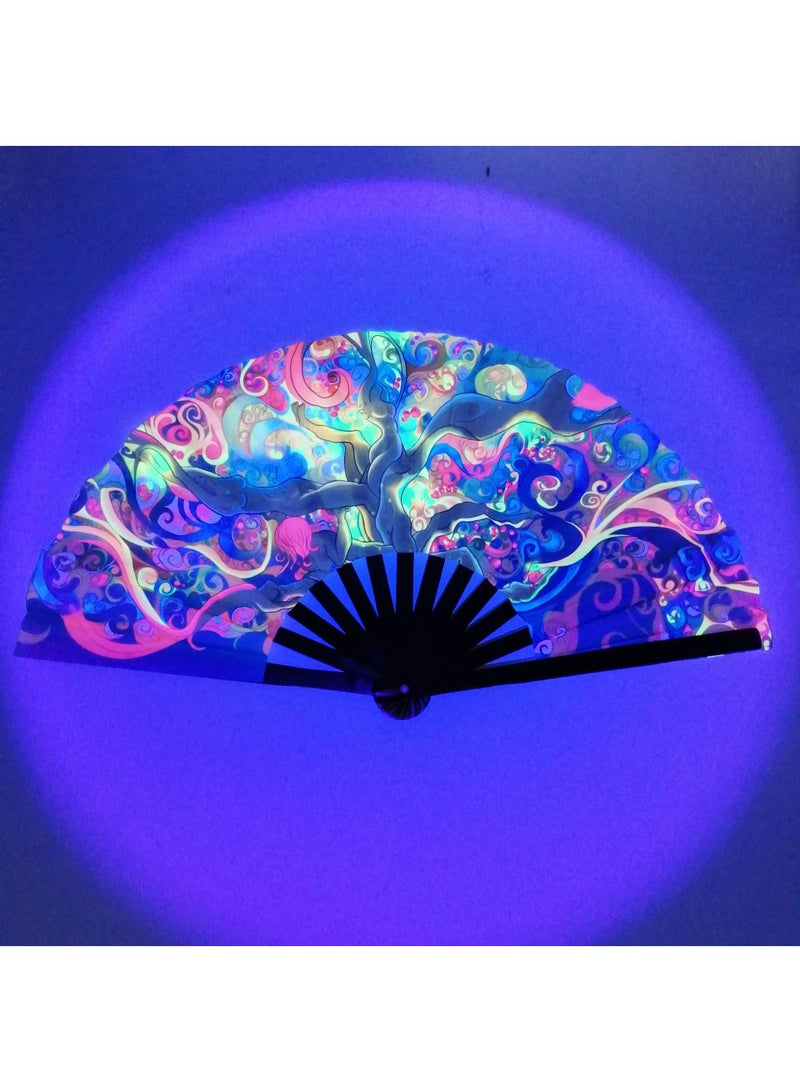 general Bamboo Bone Folding Fan UV Glow Rave Foldable Chinese Vintage Bamboo Silk Fans for Party Wedding Dancing Decoration Gift Performance Baby Shower - Image 1