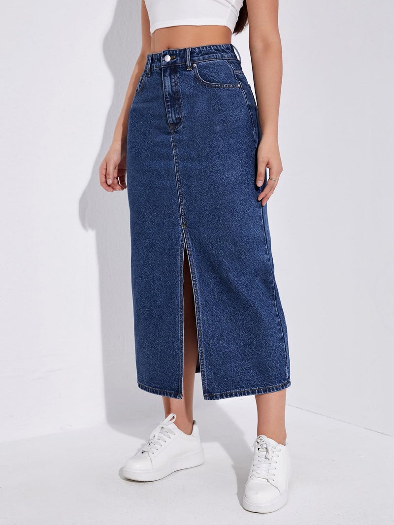 Aahwan Dark Blue Solid High Waist Slit Denim Maxi Skirt for Women's & Girl's (287-DB-26) - Image 3