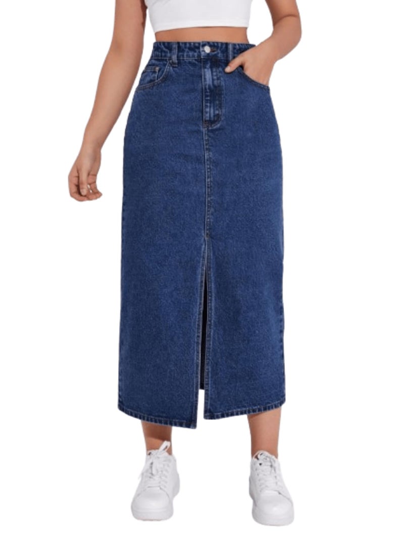 Aahwan Dark Blue Solid High Waist Slit Denim Maxi Skirt for Women's & Girl's (287-DB-26) - Image 1