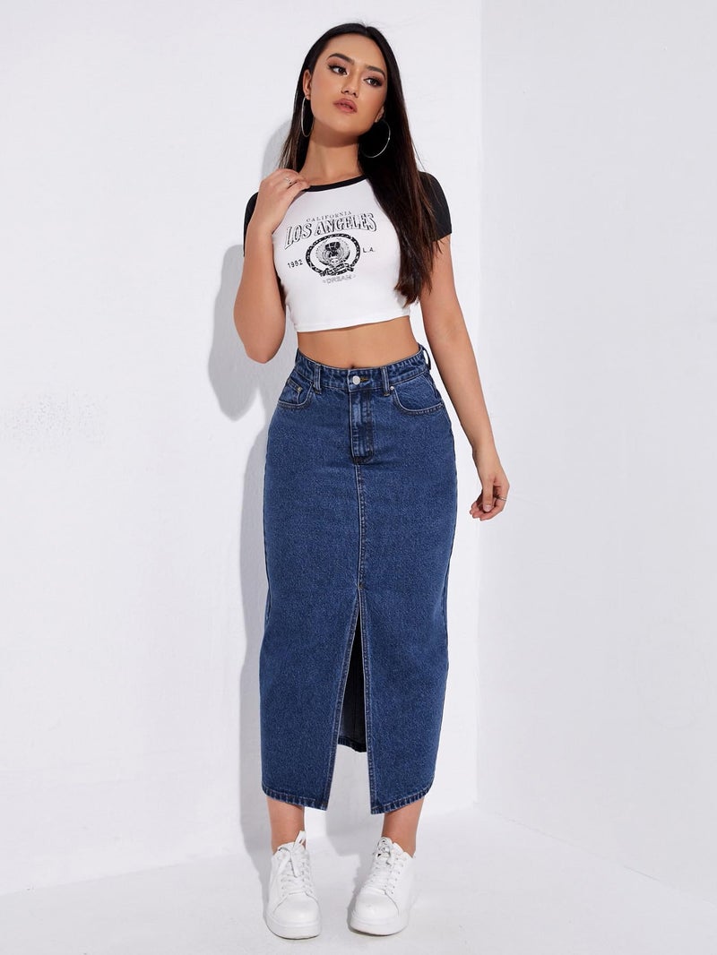 Aahwan Dark Blue Solid High Waist Slit Denim Maxi Skirt for Women's & Girl's (287-DB-26) - Image 5