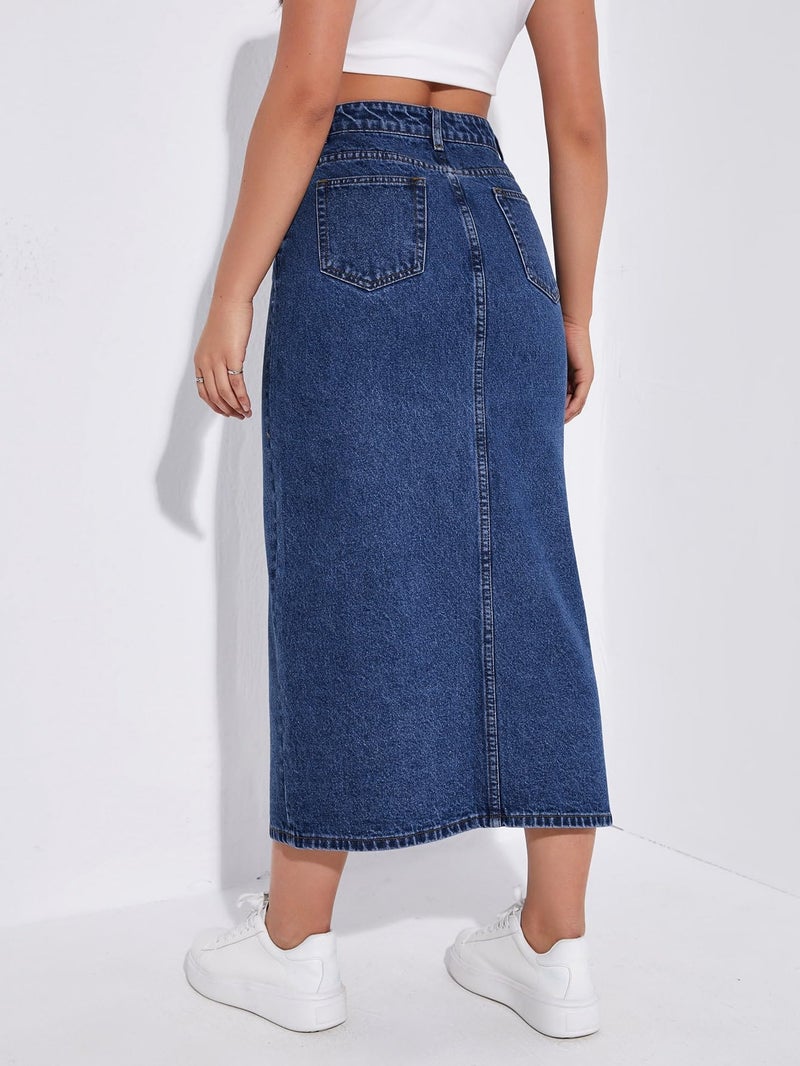 Aahwan Dark Blue Solid High Waist Slit Denim Maxi Skirt for Women's & Girl's (287-DB-26) - Image 2
