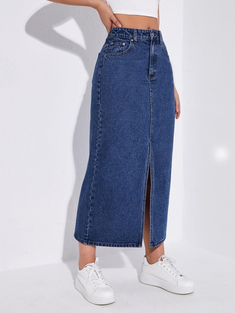 Aahwan Dark Blue Solid High Waist Slit Denim Maxi Skirt for Women's & Girl's (287-DB-26) - Image 4