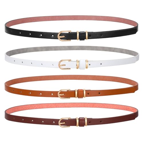 SANSTHS 4 Pack Women Thin Belts for Jeans Dresses Coats Skinny Women Belt with Gold Alloy Buckle, Black+White+Coffee+Brown XL - Image 1