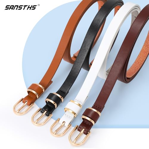SANSTHS 4 Pack Women Thin Belts for Jeans Dresses Coats Skinny Women Belt with Gold Alloy Buckle, Black+White+Coffee+Brown XL - Image 2