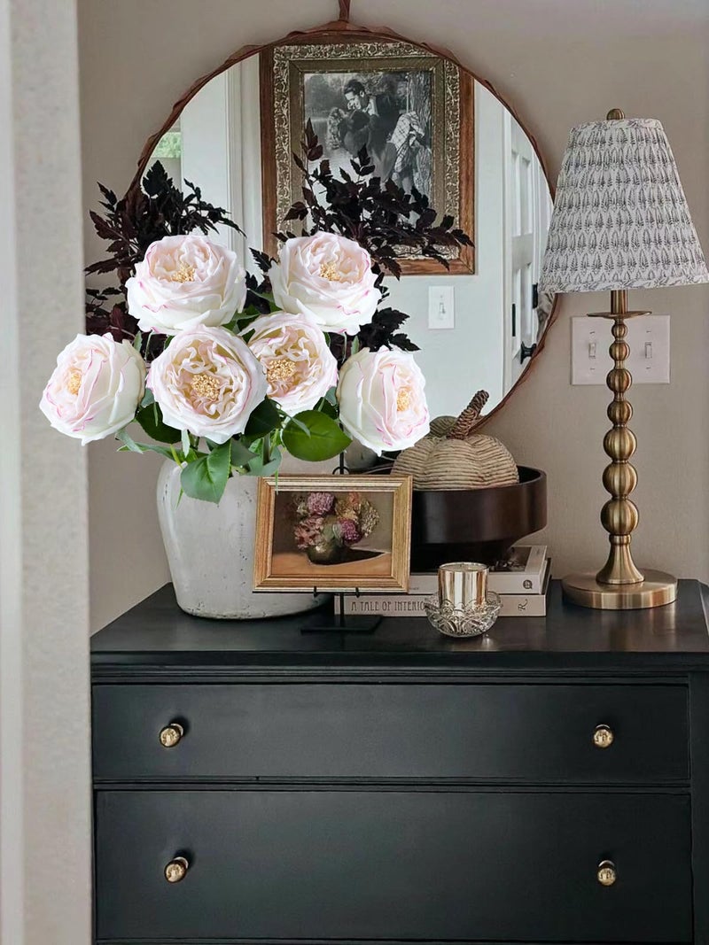 YalzoneMet 3.5'' Big Bloom Flesh Pink Rose Artificial Flowers 4Pcs Real Touch Rose Faux 17.7 Inch Long Stem Austen Roses Peonies Fake Flowers for Home Kitchen Party Christmas Flower Wedding Decor - Image 2