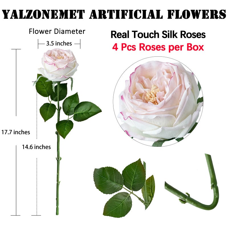 YalzoneMet 3.5'' Big Bloom Flesh Pink Rose Artificial Flowers 4Pcs Real Touch Rose Faux 17.7 Inch Long Stem Austen Roses Peonies Fake Flowers for Home Kitchen Party Christmas Flower Wedding Decor - Image 3
