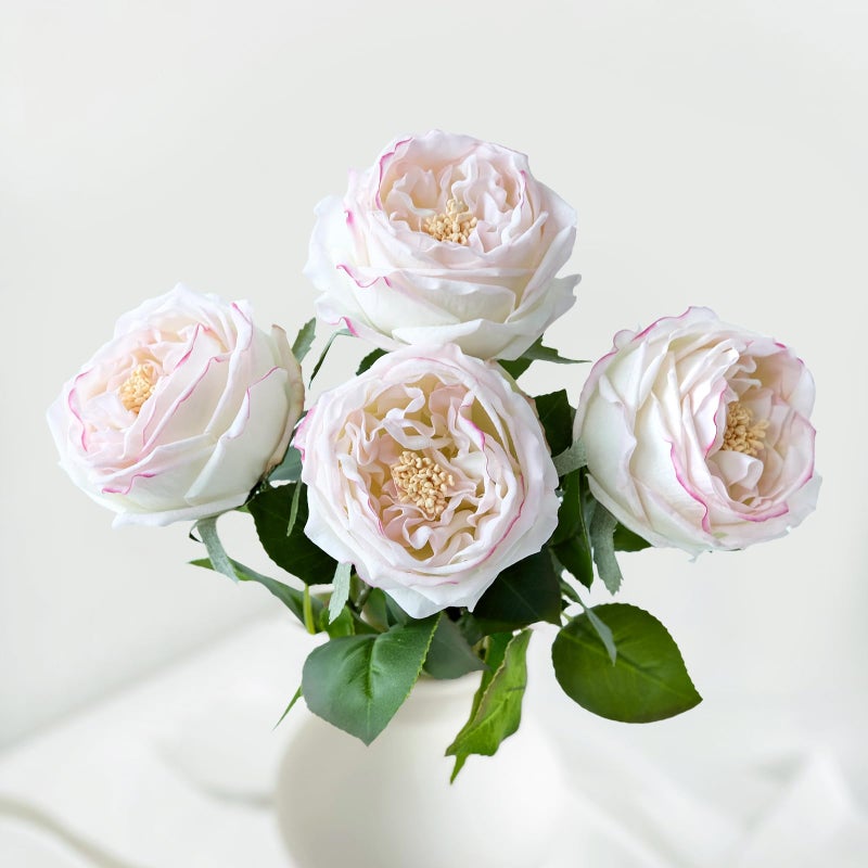 YalzoneMet 3.5'' Big Bloom Flesh Pink Rose Artificial Flowers 4Pcs Real Touch Rose Faux 17.7 Inch Long Stem Austen Roses Peonies Fake Flowers for Home Kitchen Party Christmas Flower Wedding Decor - Image 1
