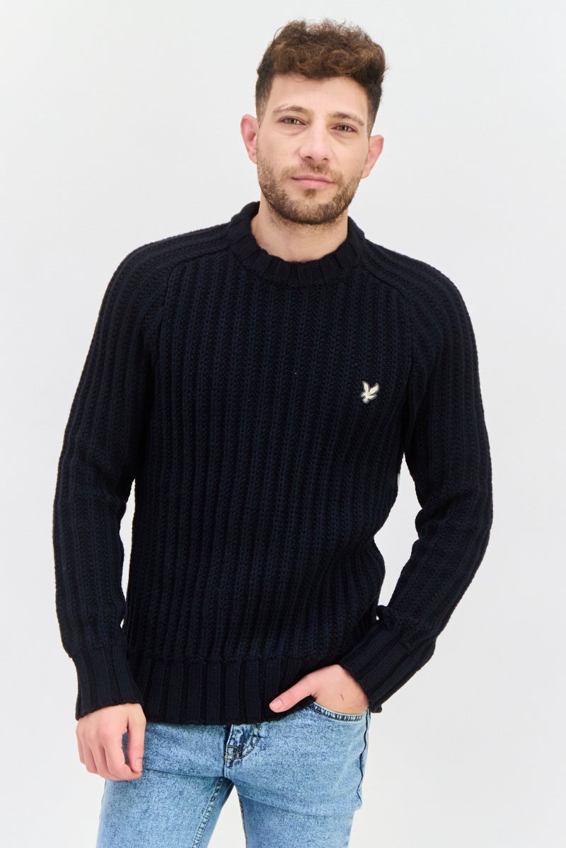 Lyle & Scott Men Crew Neck Long Sleeve Brand Logo Sweater, Navy Blue - Image 1