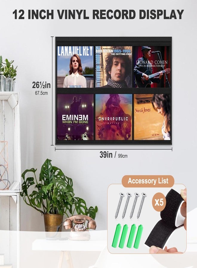 ALSLEA Vinyl Record Wall Shelf - 6 Pocket Oxford Fabric Grid Organizer for 12" LP Covers, No Tools Mounting, Modern Record Display - Image 2