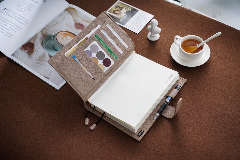 Moterm Leather Cover for A5 Notebooks - Fits Hobonichi Cousin, Stalogy and Midori MD Planners, with Pen Loop, Card Slots and Back Pocket (Pebbled-Taupe) - Image 3