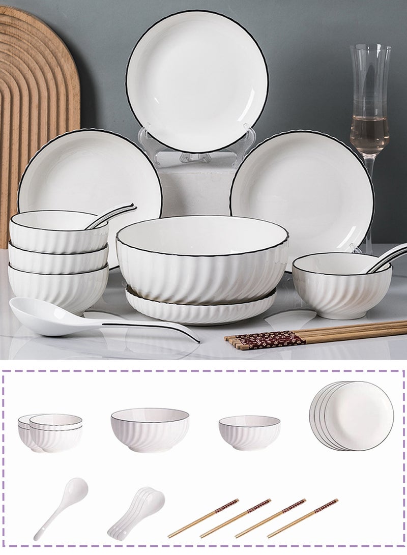 19 - Piece Ceramic Tableware Set For 4, With 4 Bowls, 4 Plates, 4 Spoons, 4 Chopsticks, 1 Noodle Bowl, 1 Soup Bowl & 1 Soup Spoon, Black - Line Crescent Design - Image 1