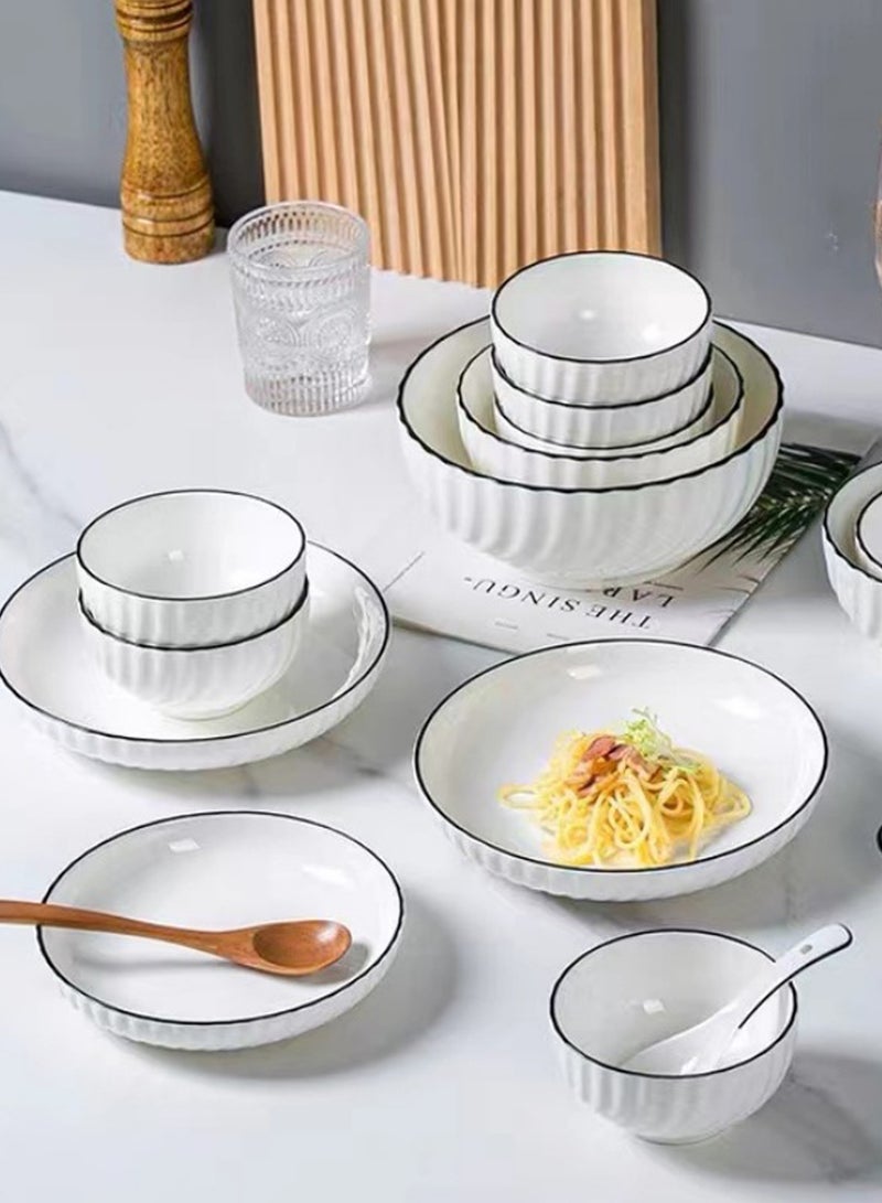 19 - Piece Ceramic Tableware Set For 4, With 4 Bowls, 4 Plates, 4 Spoons, 4 Chopsticks, 1 Noodle Bowl, 1 Soup Bowl & 1 Soup Spoon, Black - Line Crescent Design - Image 3