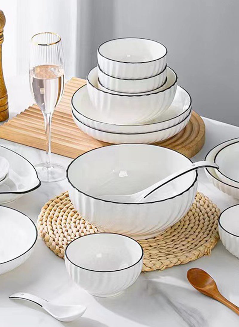 19 - Piece Ceramic Tableware Set For 4, With 4 Bowls, 4 Plates, 4 Spoons, 4 Chopsticks, 1 Noodle Bowl, 1 Soup Bowl & 1 Soup Spoon, Black - Line Crescent Design - Image 5