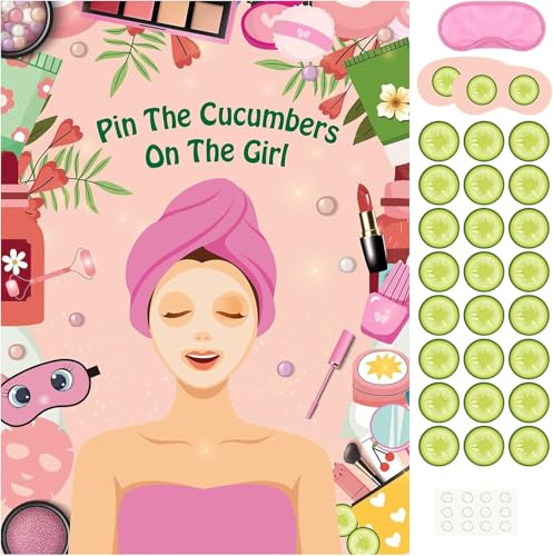 PLULON Spa Party Game for Girls Party Pin The Cucumber on The Girl Spa Game Poster for Kids Girl Spa Birthday Makeup Sleepover Slumber Party Supplies Women Party Decor - Image 1