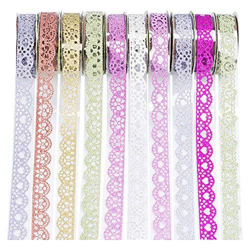 Heliltd 10 Roll Washi Tape Set Lace Pattern Glitter Bling Tape Sticker Self-Adhesive Colorful Sticker for DIY Scrapbooking Decorative Craft Gift Wrapping - Image 1
