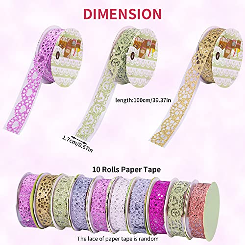 Heliltd 10 Roll Washi Tape Set Lace Pattern Glitter Bling Tape Sticker Self-Adhesive Colorful Sticker for DIY Scrapbooking Decorative Craft Gift Wrapping - Image 2