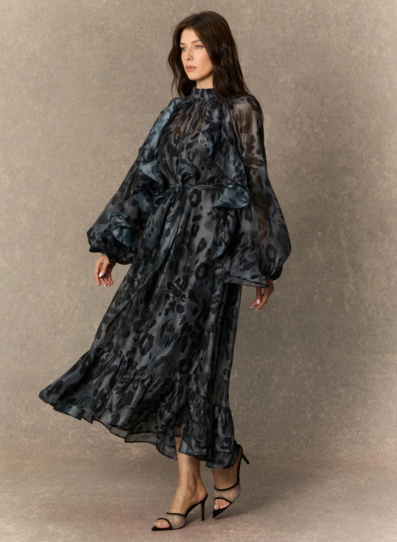 Sunfere Wild Charm Black Leopard Print Ruffled Midi Dress