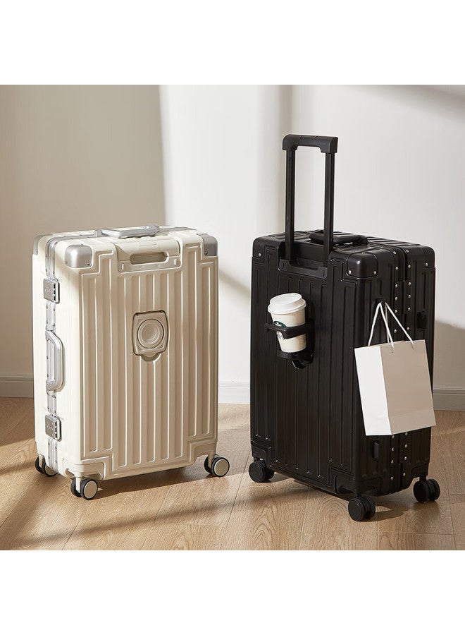 Soo Aluminum Frame Suitcase, Stylish Trolley Case, Durable Travel Luggage, Password Lock, Leather Suitcase With Cup Holder, Gray, 26 Inches - Image 2